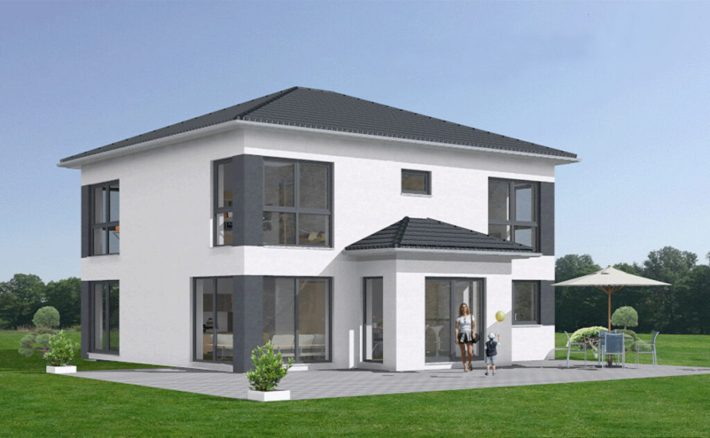 Einfamilienhaus der Hauslinie Bernstein mit Walmdach und zwei Vollgeschossen