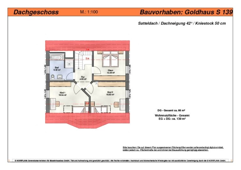 Grundriss Dachgeschoss Goldhaus S139 mit Elternschlafzimmer, zwei Kinderzimmern und Bad