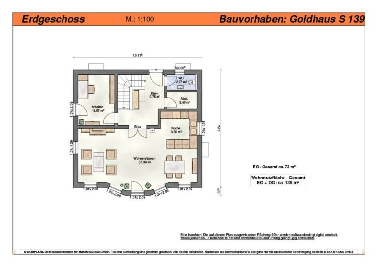 Grundriss Erdgeschoss Goldhaus S139 mit Wohn- und Essbereich, Küche, Arbeitszimmer und WC