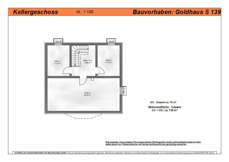 Grundriss Kellergeschoss Goldhaus S139 mit vier Kellerräumen